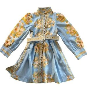 Vintage-Inspired Blue Floral Belted Dress